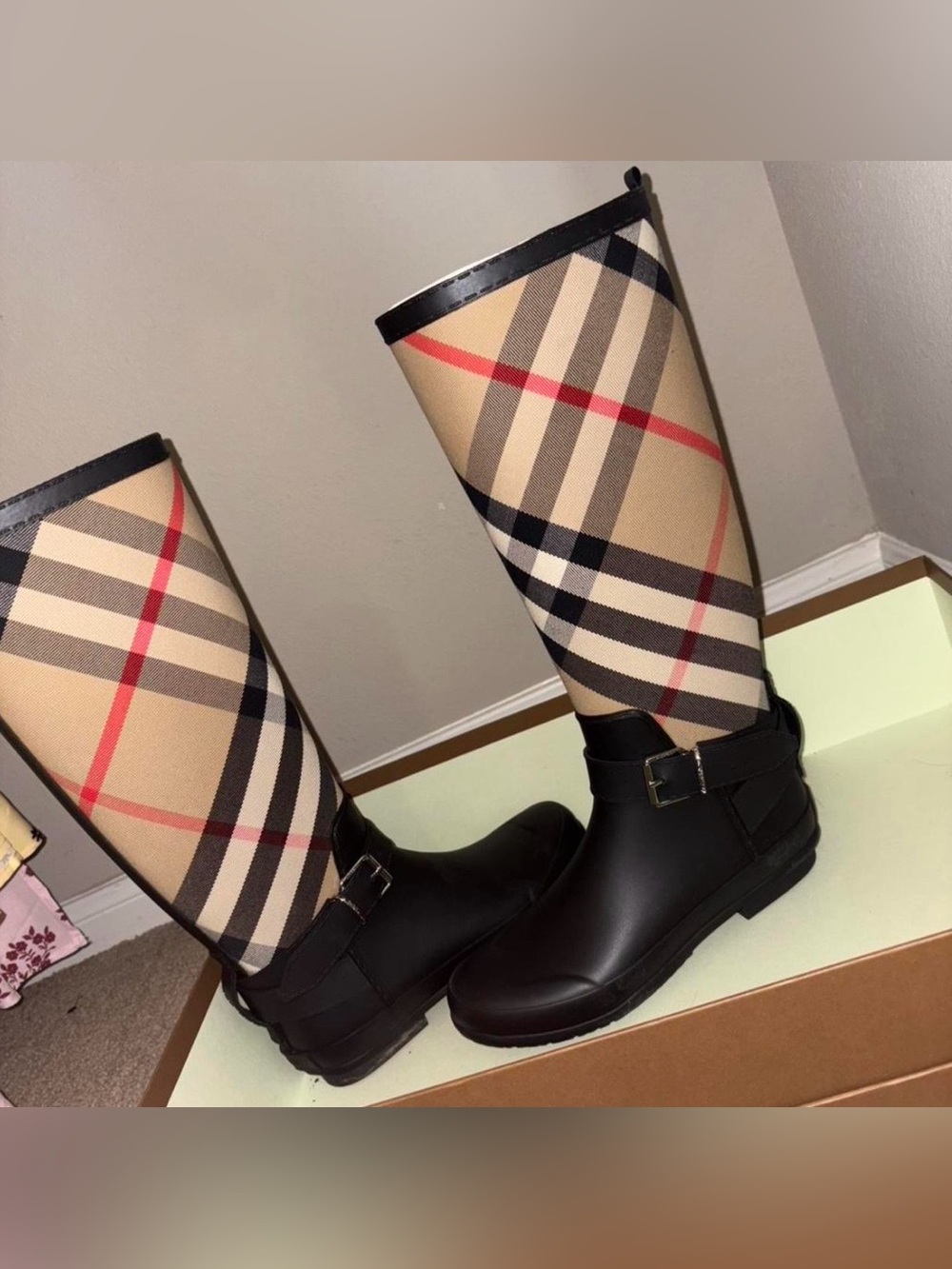 Burberry Beige Nova Check Rain Boots with Black Trim